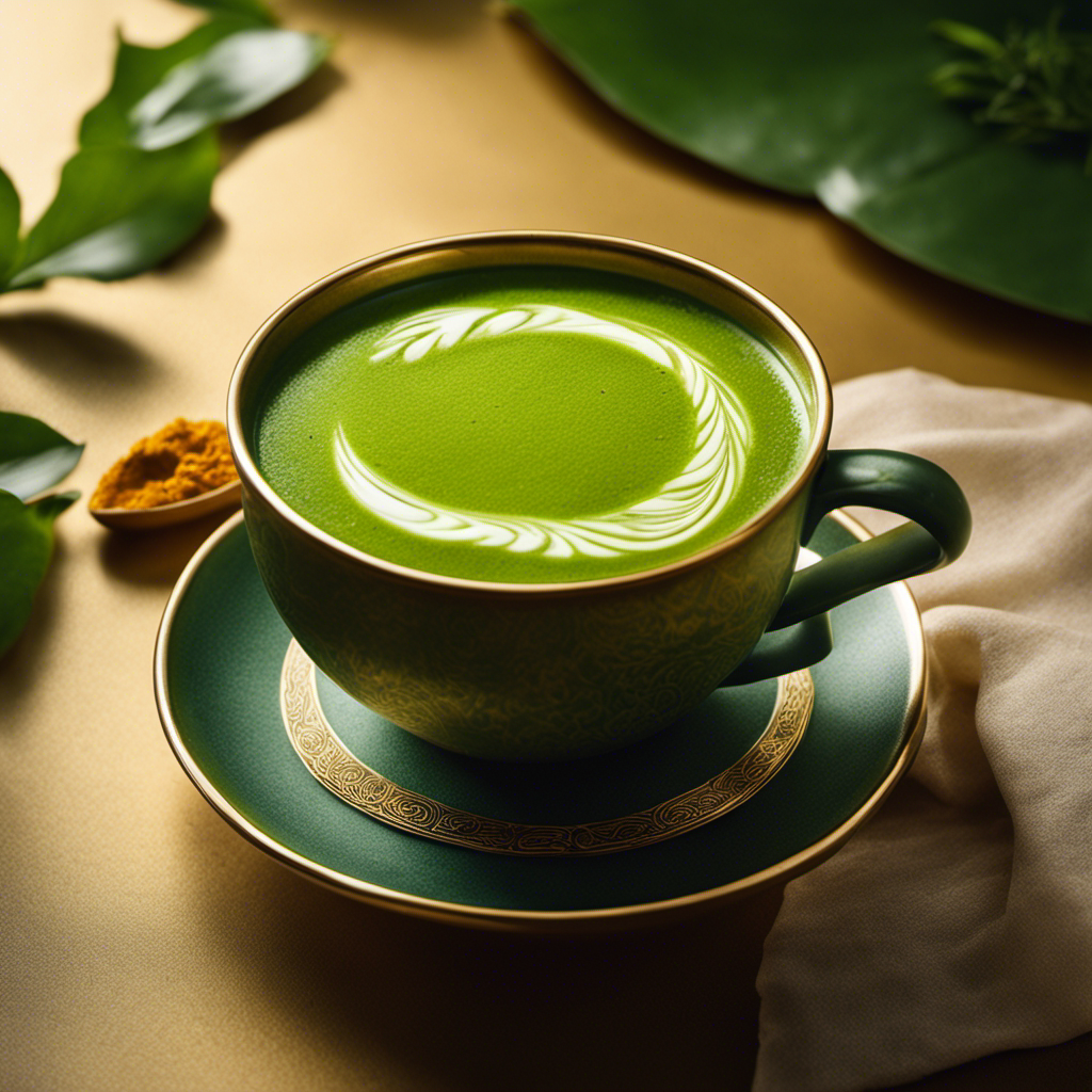 An image showcasing a steaming cup of vibrant green Matcha and Turmeric tea