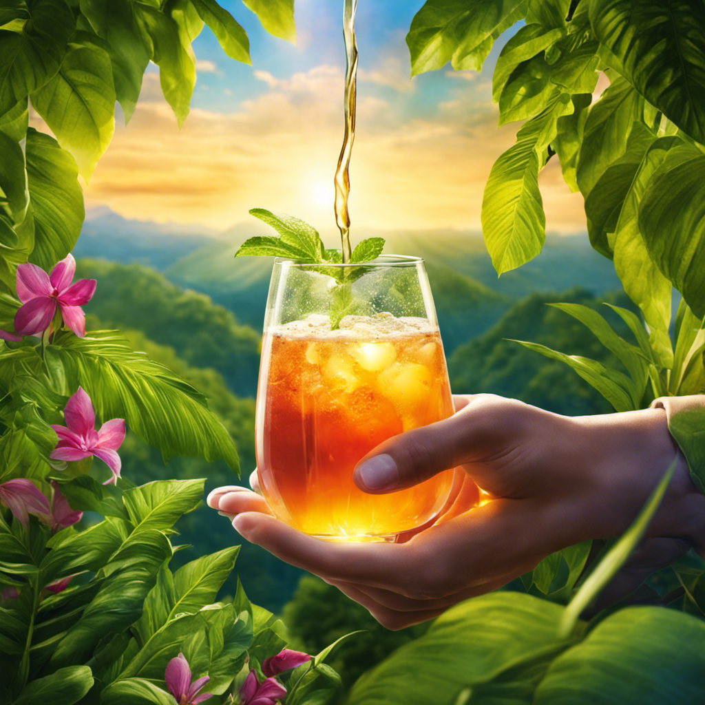An image showcasing a person holding a glass of kombucha, surrounded by vibrant, lush greenery