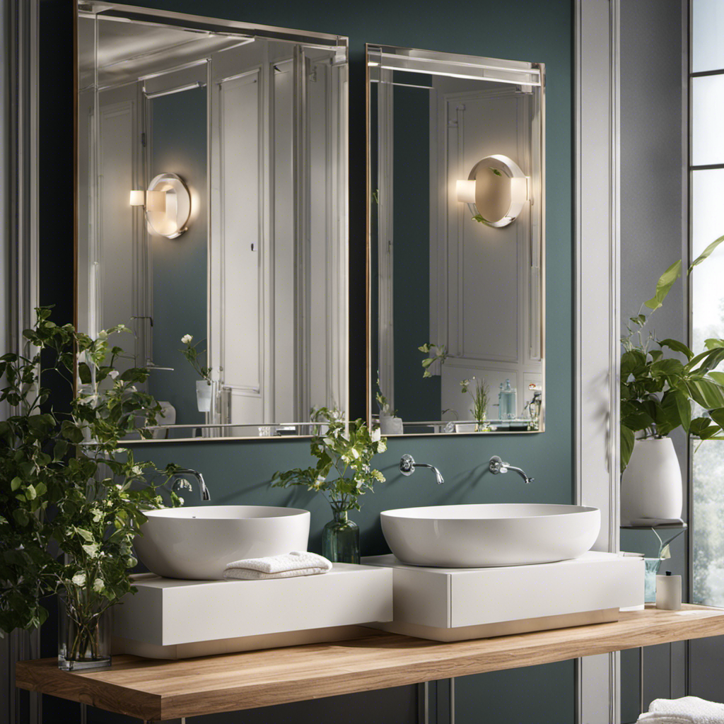 An image showcasing a bright, sunlit bathroom with water droplets clinging to the walls and mirrors