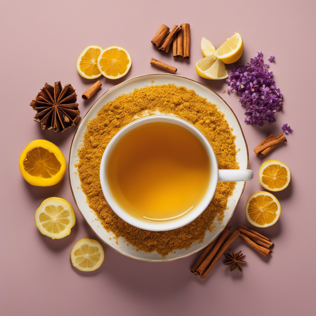 A vibrant image showcasing a steaming cup of Daphne Oz Turmeric Tea, featuring a golden-hued liquid swirling with aromatic spices, surrounded by fresh turmeric roots, ginger slices, and a sprinkle of fragrant cinnamon