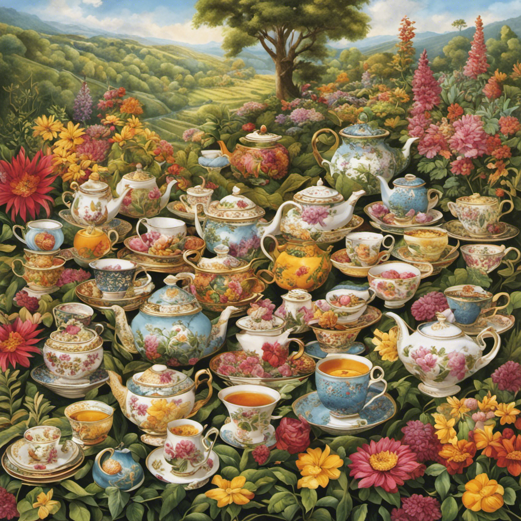 An image of a diverse group of people joyfully raising teacups, surrounded by vibrant botanicals