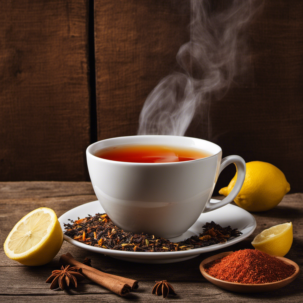 An image showcasing a steaming cup of rooibos tea with a diverse array of ingredients and seasonings like lemon, honey, and cinnamon