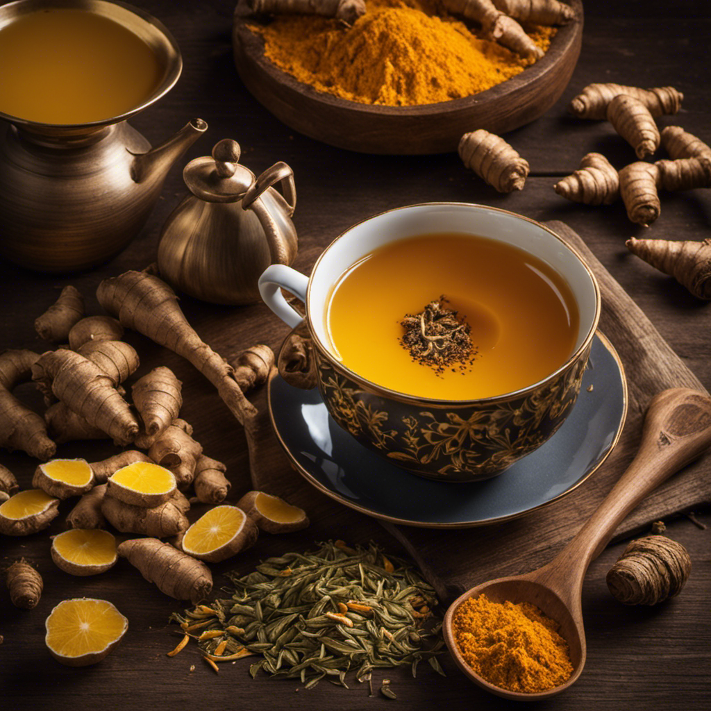 An image that showcases a steaming cup of golden-hued decaf tea infused with aromatic ginger and vibrant turmeric