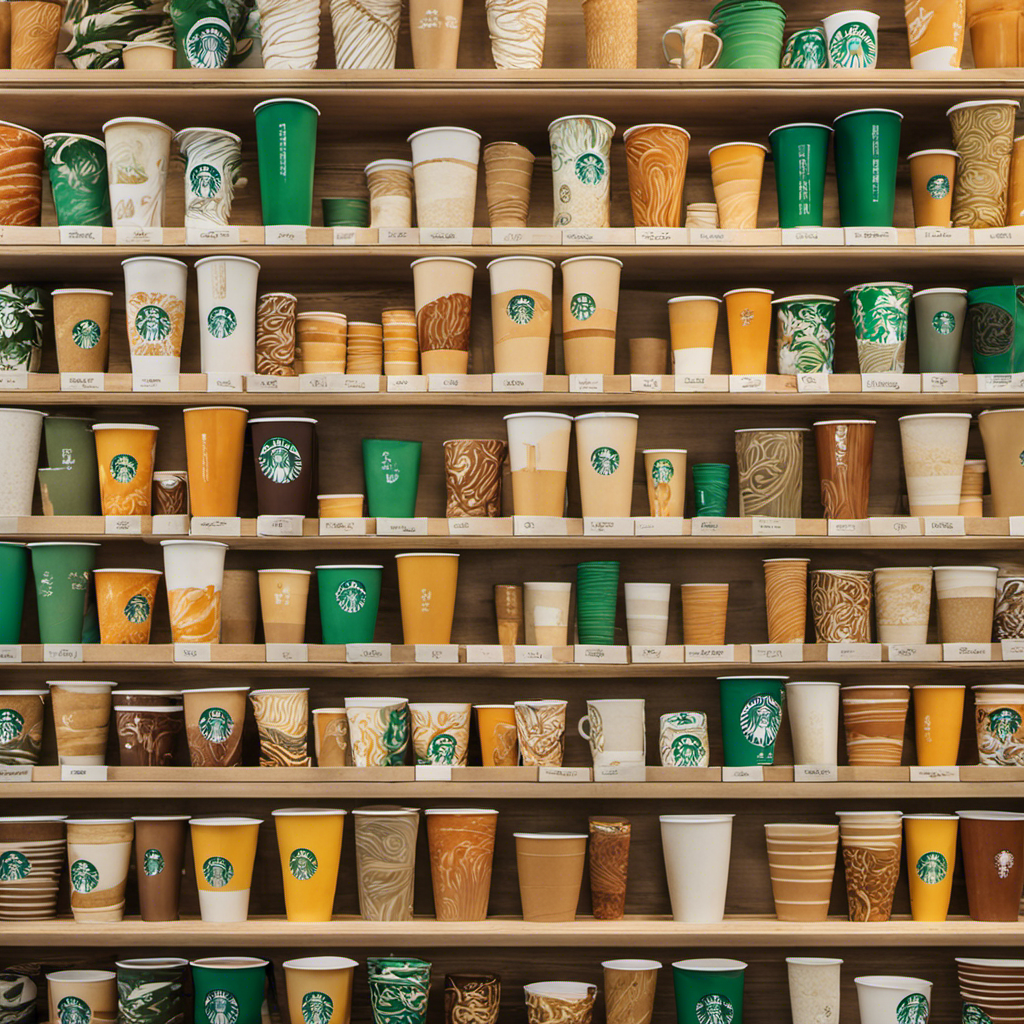 An image showcasing a line-up of Starbucks cups, each representing a different size, ranging from a towering Venti to a petite Short