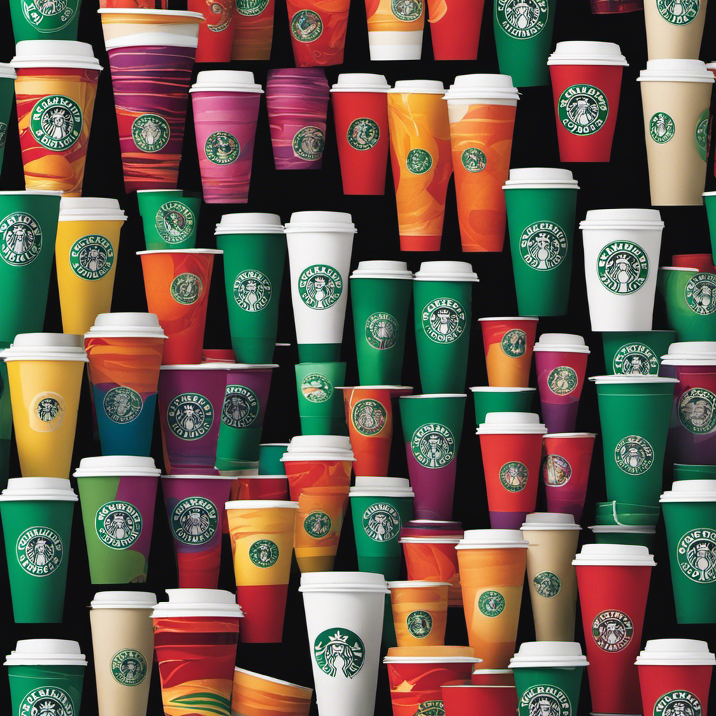 An image featuring 10 different sized Starbucks cups arranged in a descending order, each cup displaying its corresponding size label