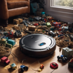 An image featuring a forlorn Deebot robot vacuum, motionless in the middle of a cluttered room, surrounded by scattered toys, tangled cords, and dusty footprints, symbolizing its malfunction and inability to move