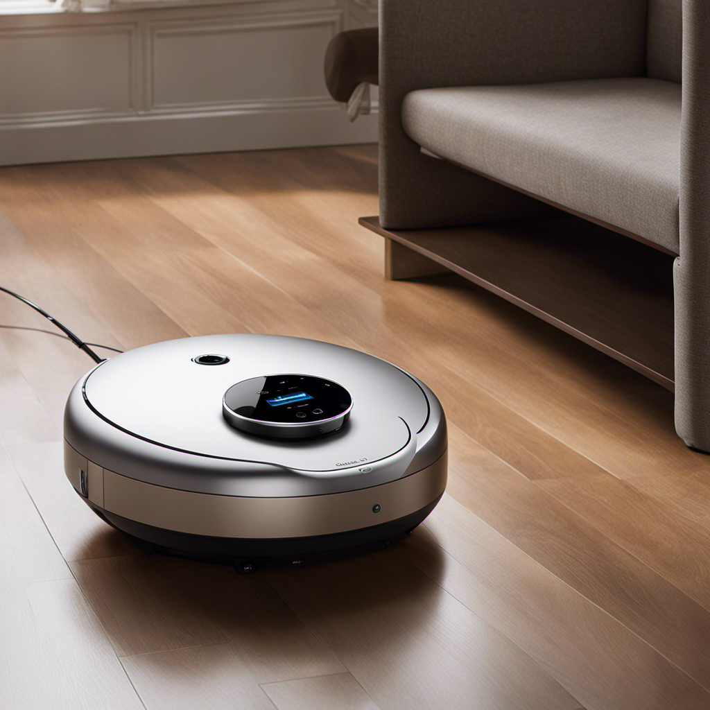 An image showcasing a close-up of a Deebot, with its sleek, silver exterior reflecting the warm glow of a well-lit room, revealing its intricate parts - brushes, sensors, and filters - ensuring a spotless home