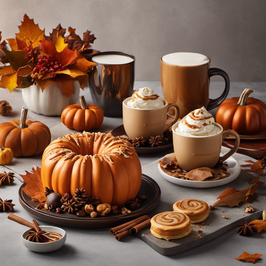 An image showcasing a cozy autumn scene, featuring a steaming pumpkin spice Nespresso cup surrounded by delectable food pairings like warm cinnamon rolls, spiced apple pie, fluffy pancakes, silky caramel drizzle, creamy pumpkin cheesecake, velvety chocolate truffles, and fragrant spiced chai