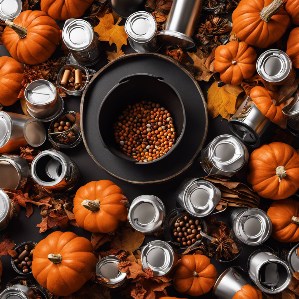 An image showcasing a Nespresso Pumpkin Spice Capsule being inserted into a recycling bin, surrounded by a variety of recyclable materials like aluminum cans, paper cups, and plastic bottles