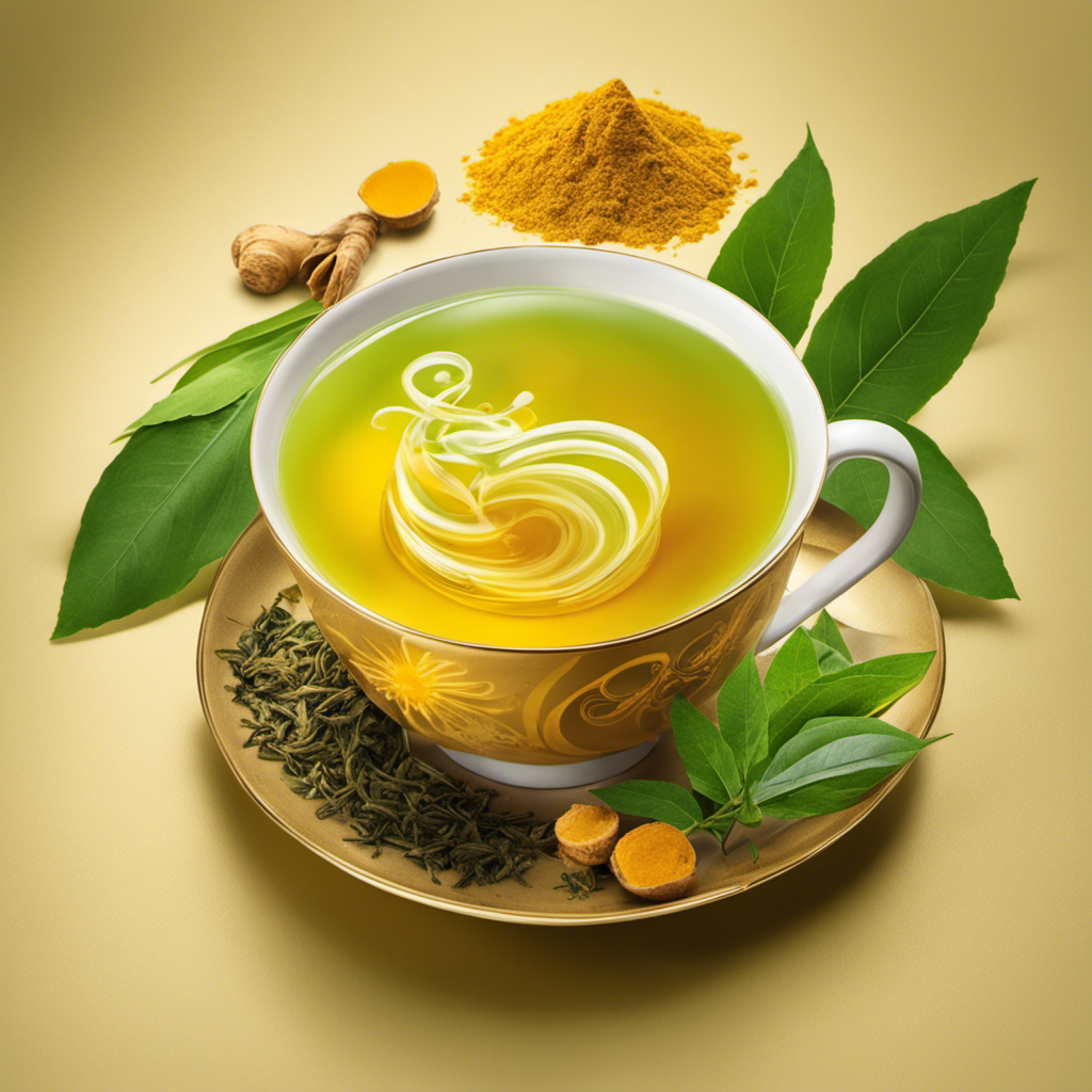 An image showcasing a vibrant, steamy cup of Detox Turmeric Green Tea, with aromatic steam swirling above, golden turmeric and fresh green tea leaves visible, inviting the viewer to indulge in its rejuvenating properties