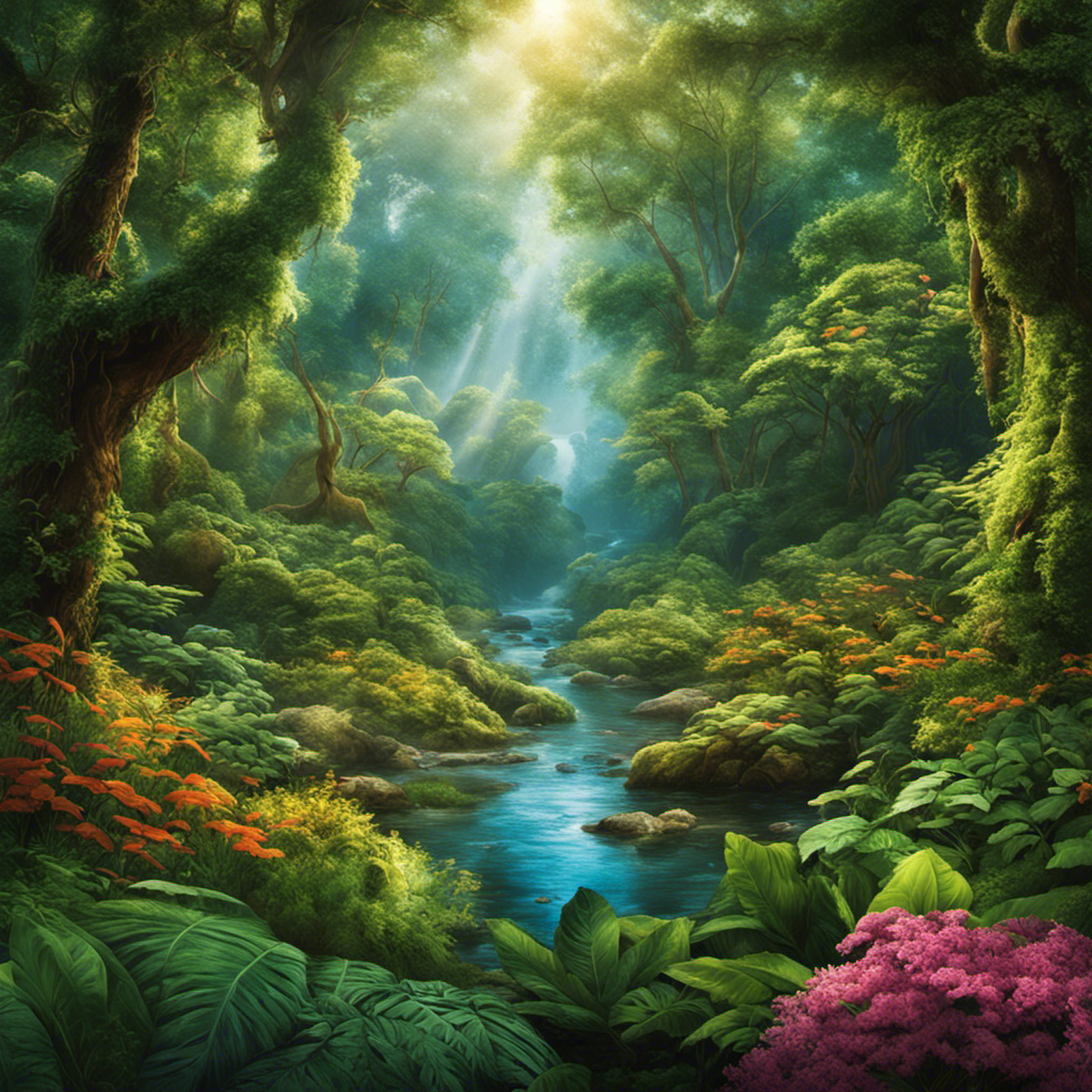 An image showcasing a vibrant, lush forest filled with diverse medicinal plants, surrounded by a glistening river
