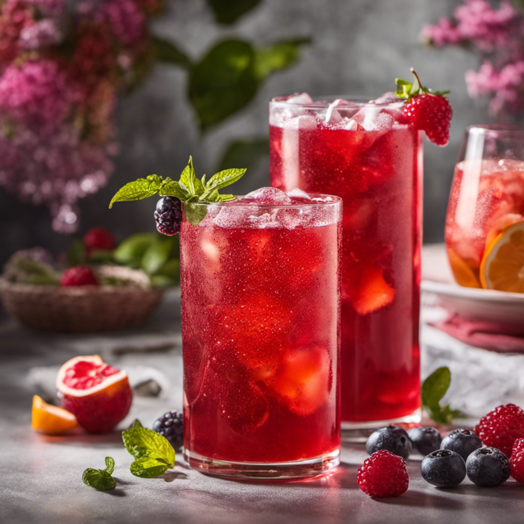 An image showcasing a vibrant glass filled with effervescent, ruby-red kombucha, glistening droplets trickling down its icy exterior, while an assortment of freshly picked fruits and herbs float gracefully in the background