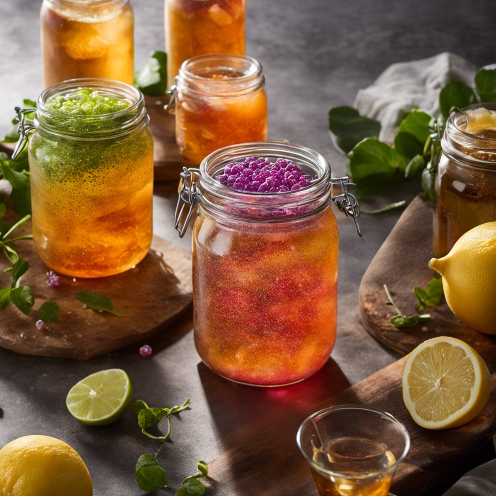 An image showcasing a glass jar filled with vibrant, effervescent kombucha