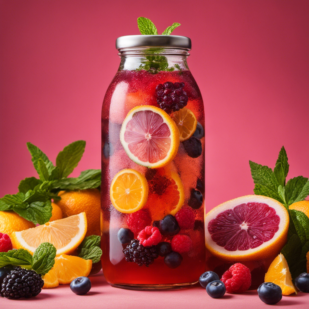 An image showcasing a colorful glass filled with effervescent kombucha, surrounded by vibrant, fresh ingredients like berries, herbs, and citrus slices