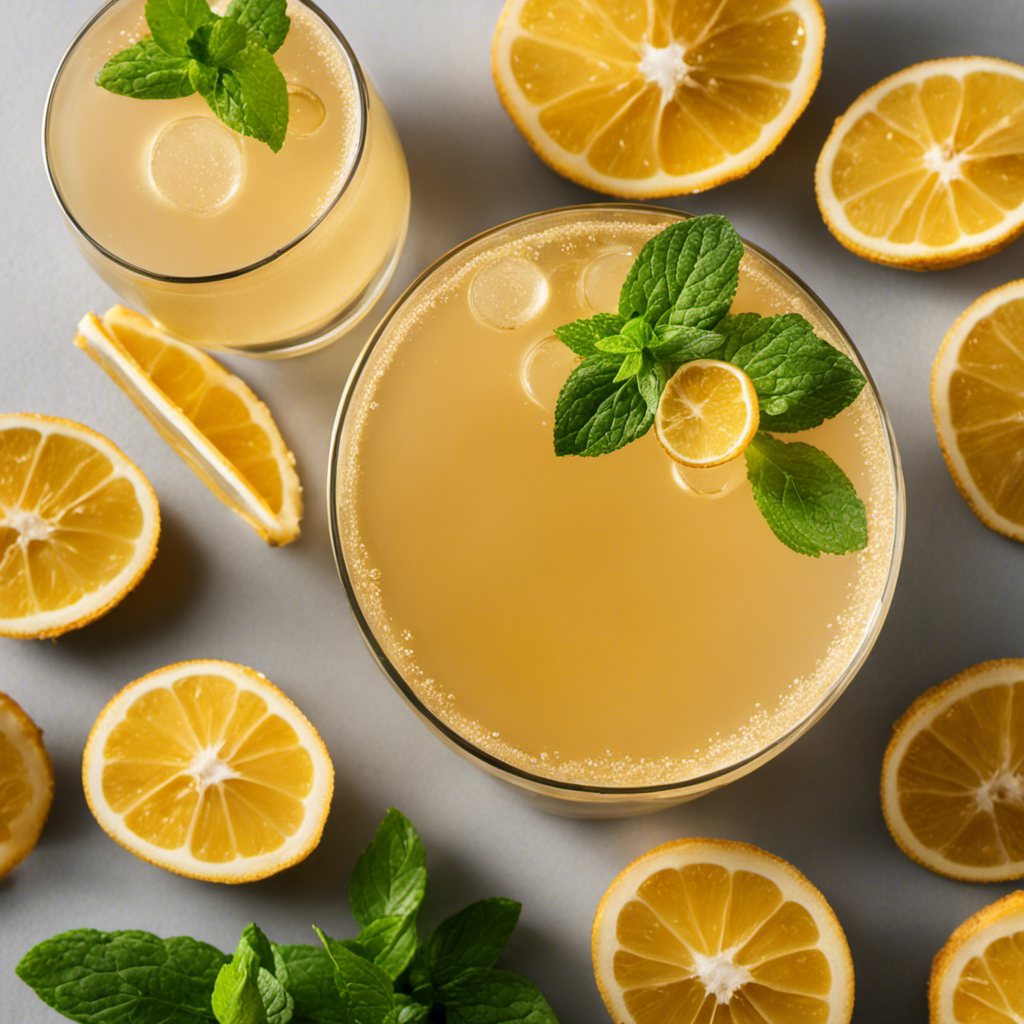 An image of a vibrant glass filled with effervescent, golden kombucha, adorned with slices of fresh ginger, a sprig of mint, and cascading bubbles that dance, symbolizing the transformative benefits of enhanced immunity and improved digestion