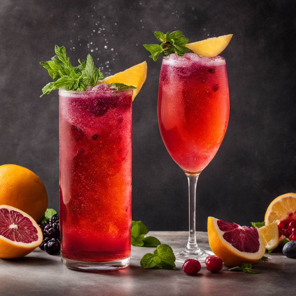 An image showcasing a vibrant glass filled with effervescent, ruby-hued Kombucha