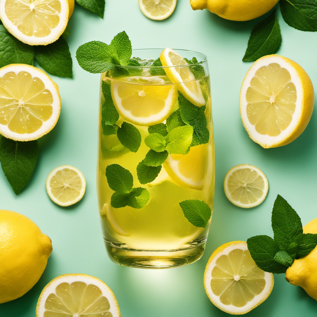 An image showcasing a glass filled with sparkling golden Lemon Ginger Kombucha, with vibrant slices of lemon and ginger floating inside, surrounded by lush green mint leaves, evoking freshness and vitality