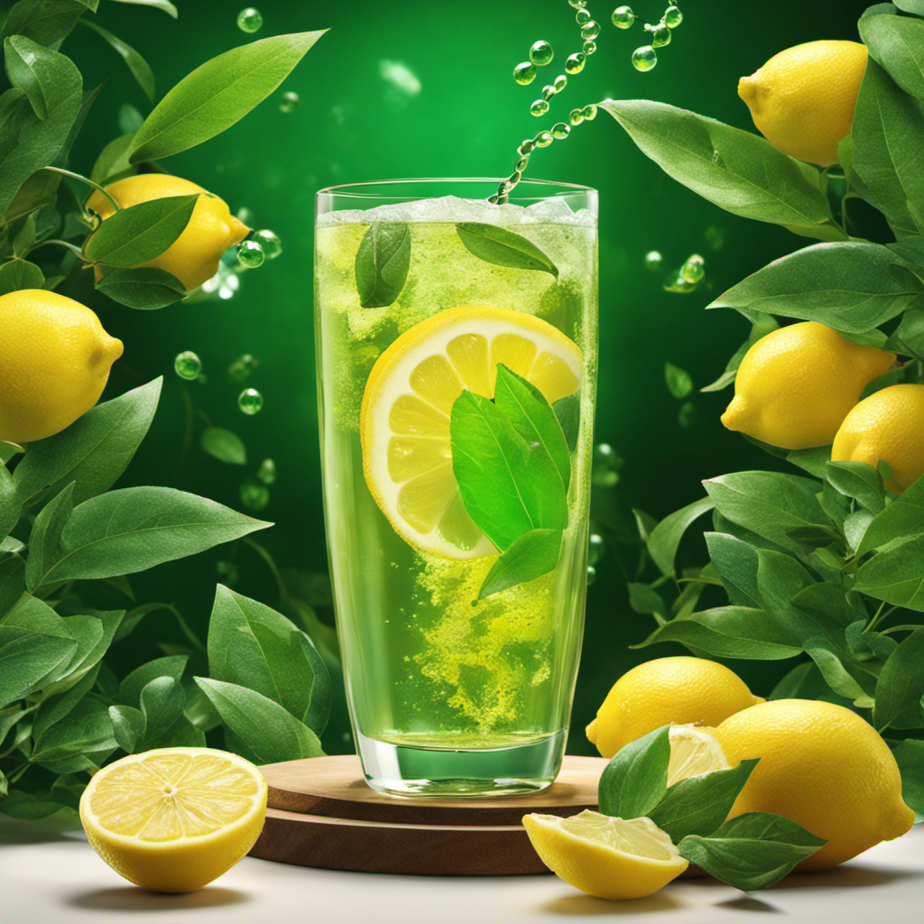 An image showcasing a glass of sparkling Kombucha, surrounded by vibrant green tea leaves, floating lemon slices, and a heart-shaped cholesterol molecule in the background