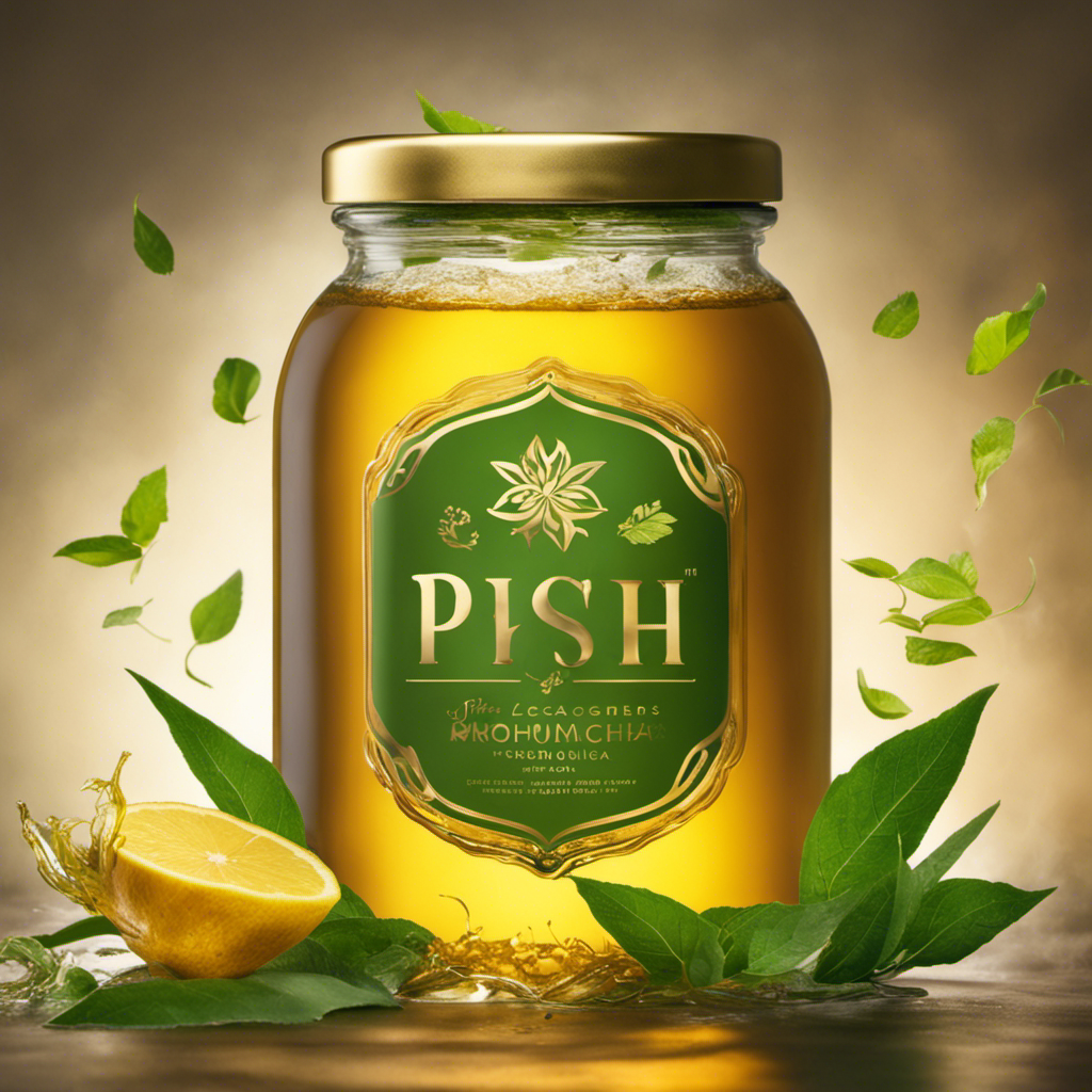 An image of a vibrant glass jar filled with effervescent, golden kombucha, surrounded by cascading green tea leaves and swirling tendrils of steam, evoking the mysterious and invigorating world of pH secrets
