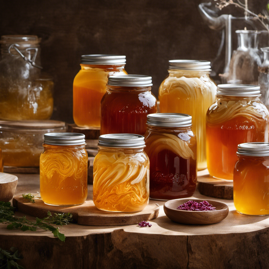 An image capturing the vibrant swirls of fermenting homemade kombucha in a glass jar