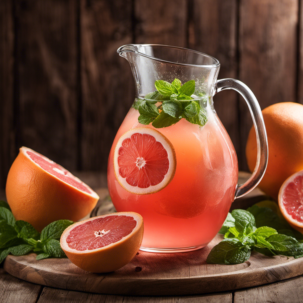 An image showcasing a glass pitcher filled with effervescent ruby-red grapefruit kombucha, adorned with slices of tangy grapefruit and sprigs of fresh mint, glistening with condensation on a sunlit wooden table