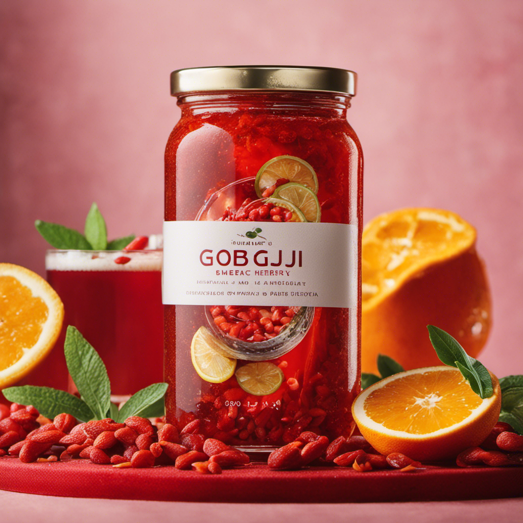 An image showcasing a glass filled with vibrant ruby-red Goji Berry Kombucha, effervescence dancing through bubbles, while slices of fresh goji berries and tangy citrus zest float on top