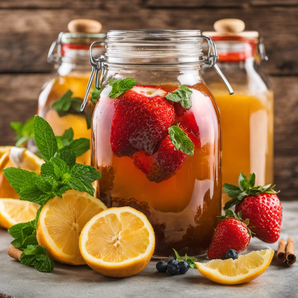 An image depicting a glass jar filled with freshly brewed kombucha, surrounded by vibrant fruits, herbs, and spices like strawberries, mint leaves, and ginger slices, inviting readers to explore the art of flavoring kombucha