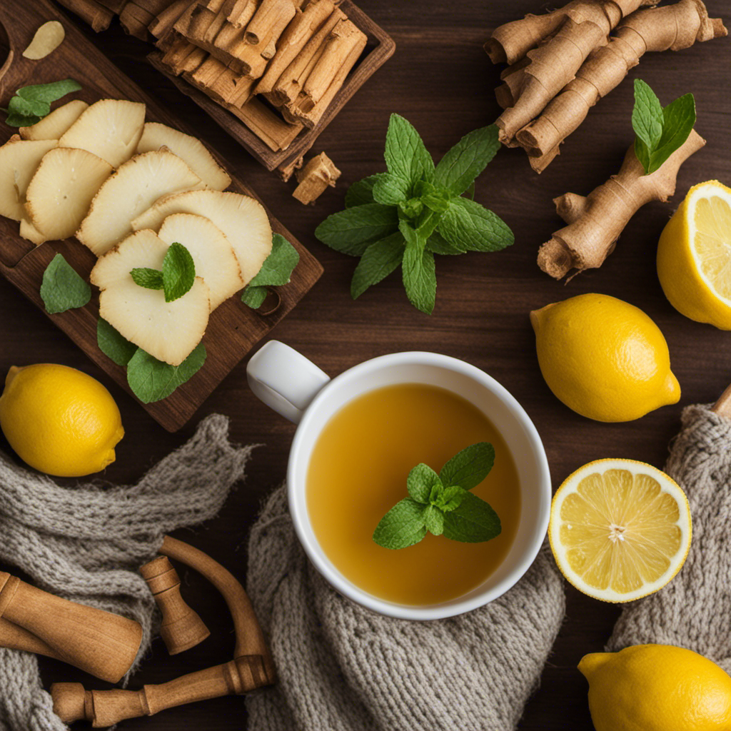 An image depicting a cozy, vibrant scene: a steaming mug of ginger turmeric tea, adorned with slices of lemon and sprigs of fresh mint, surrounded by a warm knit blanket and a stack of tissues