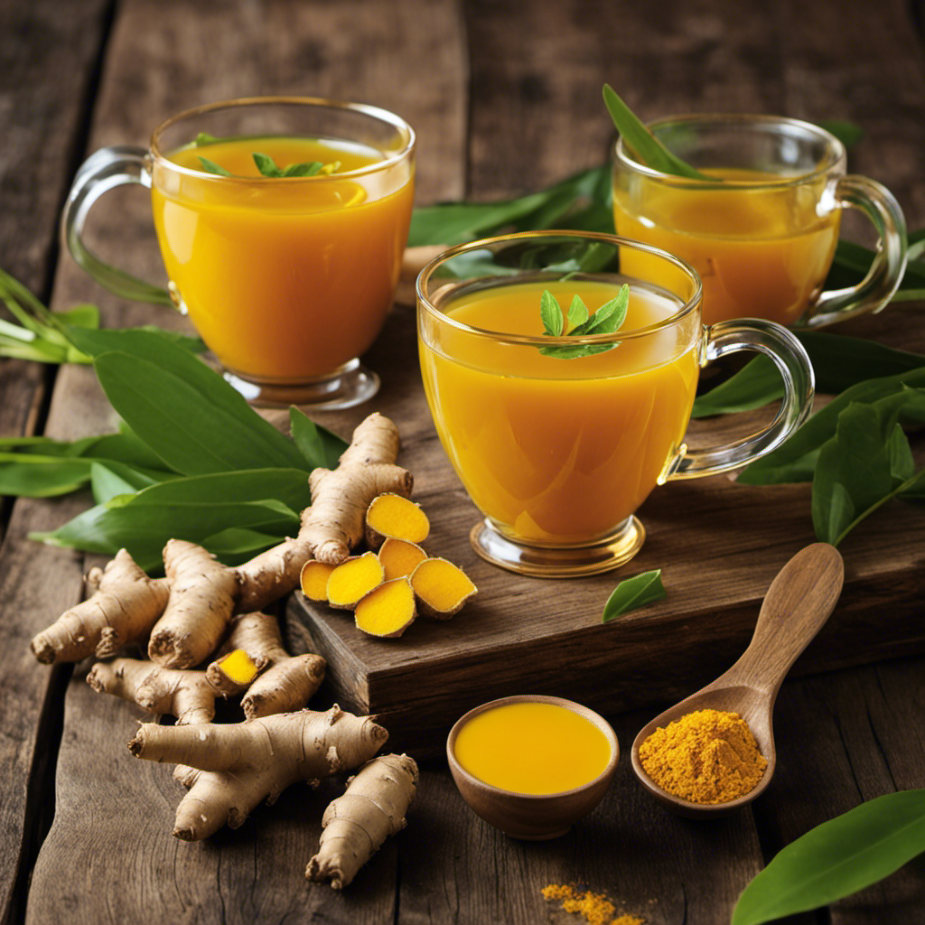 An image showcasing a steaming mug of ginger turmeric tea, surrounded by a rustic wooden table, vibrant yellow turmeric roots, and fresh ginger slices