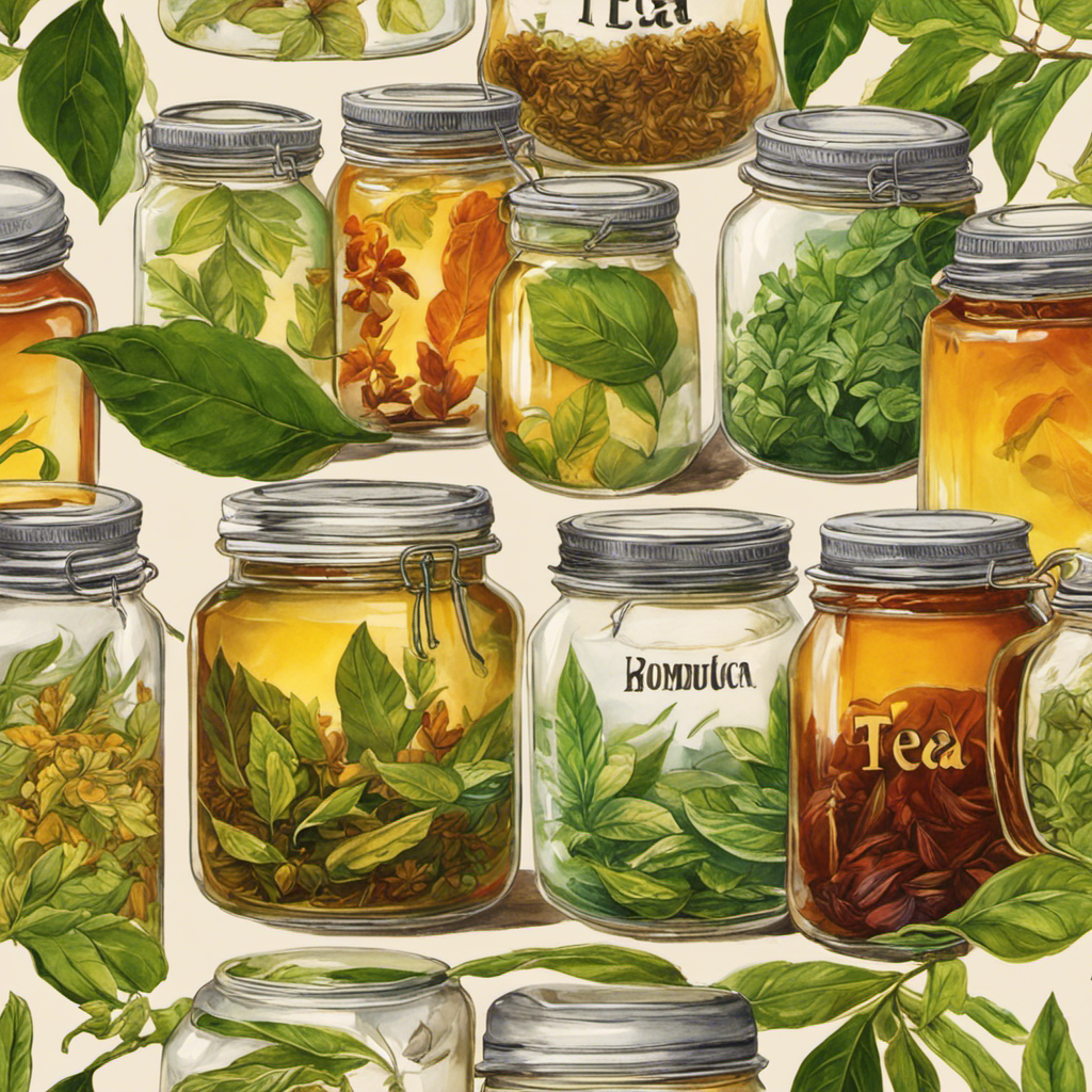 An image showcasing various tea leaves, from green to black, along with vibrant kombucha cultures, brewing in glass jars