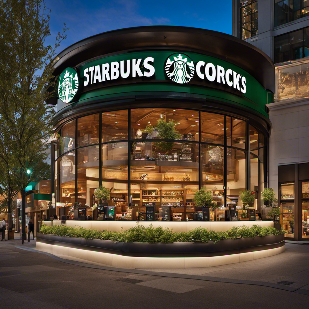 An image that showcases a bright and bustling Starbucks store on a sunny day, with a prominent clock displaying different time zones