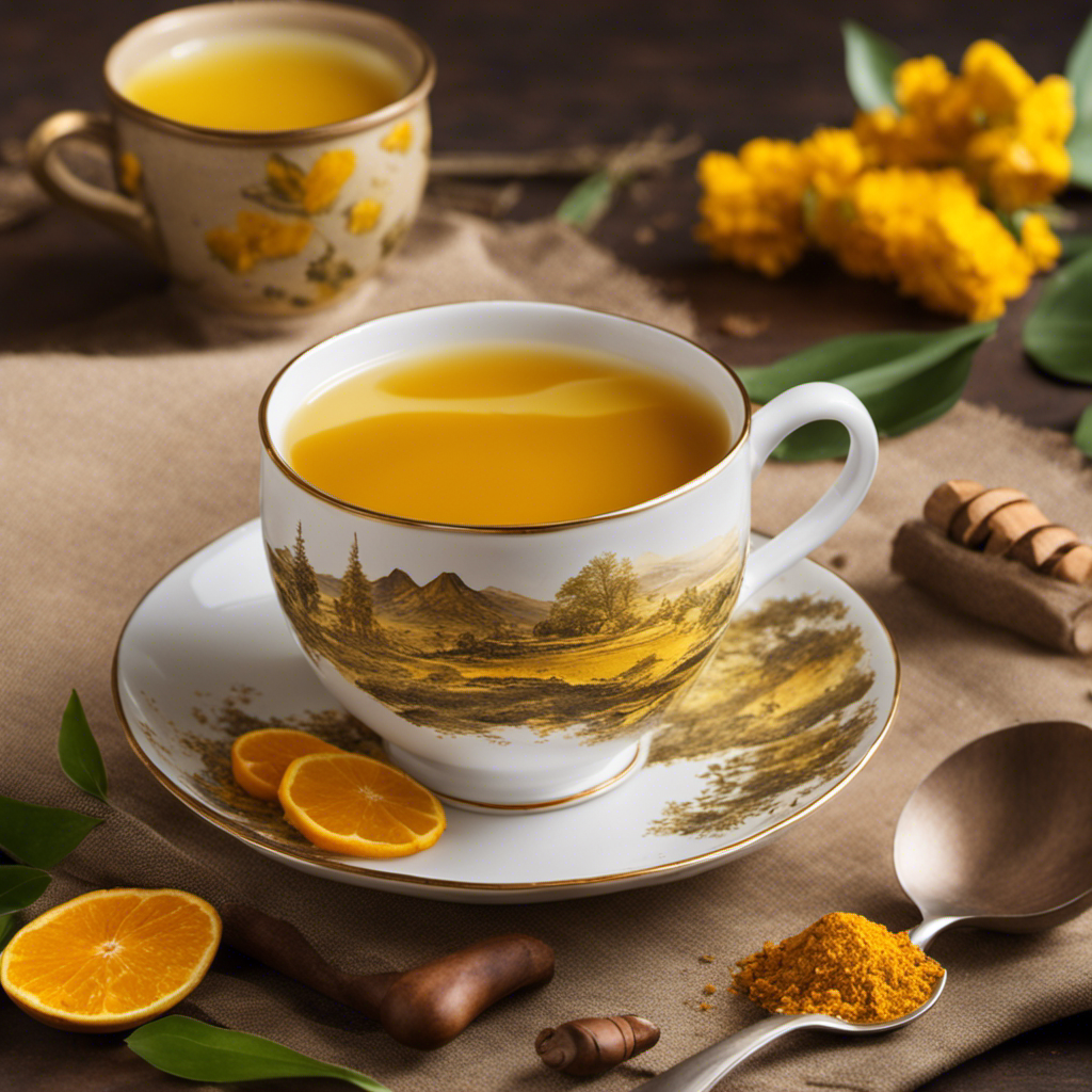 An image showcasing a serene morning scene with a vibrant cup of turmeric tea gently steaming, surrounded by soothing yellow hues, to pique curiosity about the caffeine content of this delightful beverage