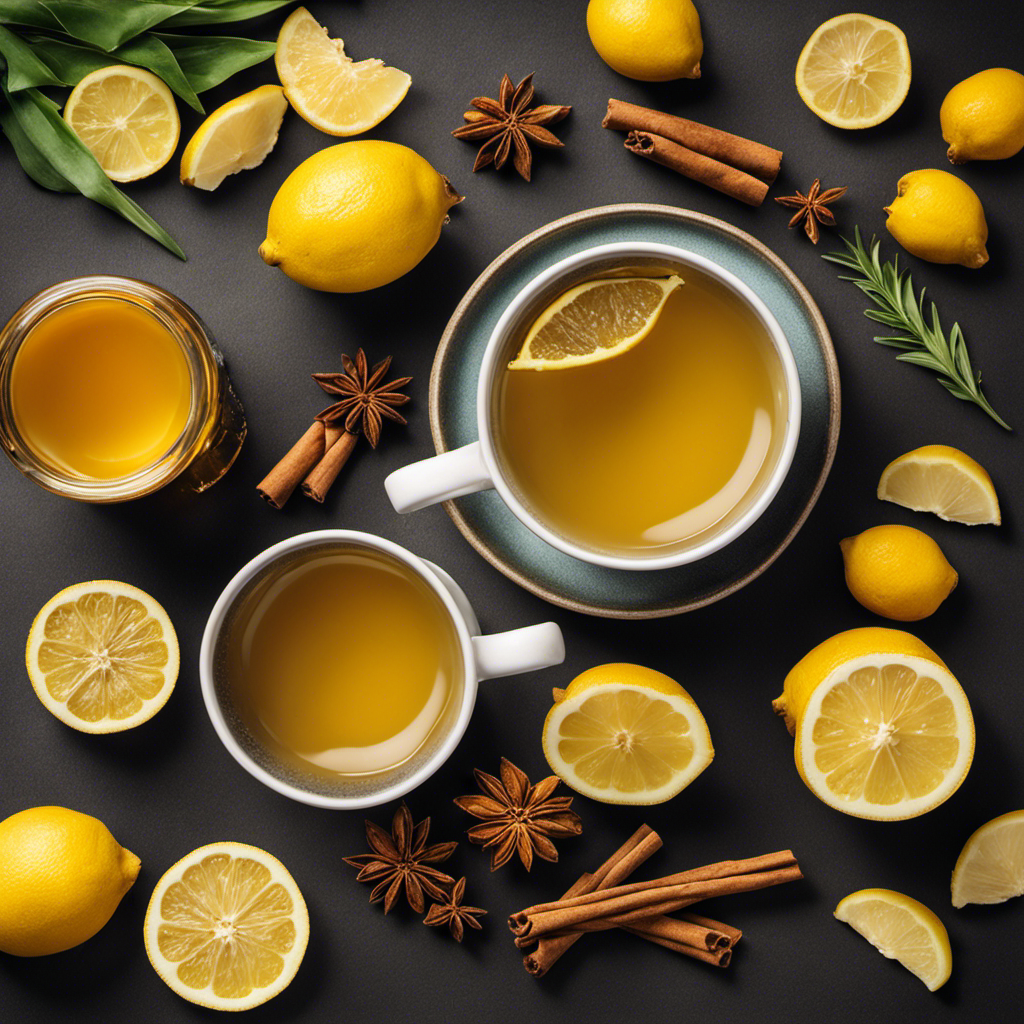 An image featuring a steaming cup of golden turmeric tea, surrounded by fresh ginger slices, lemon wedges, and a soothing backdrop of honey and cinnamon sticks
