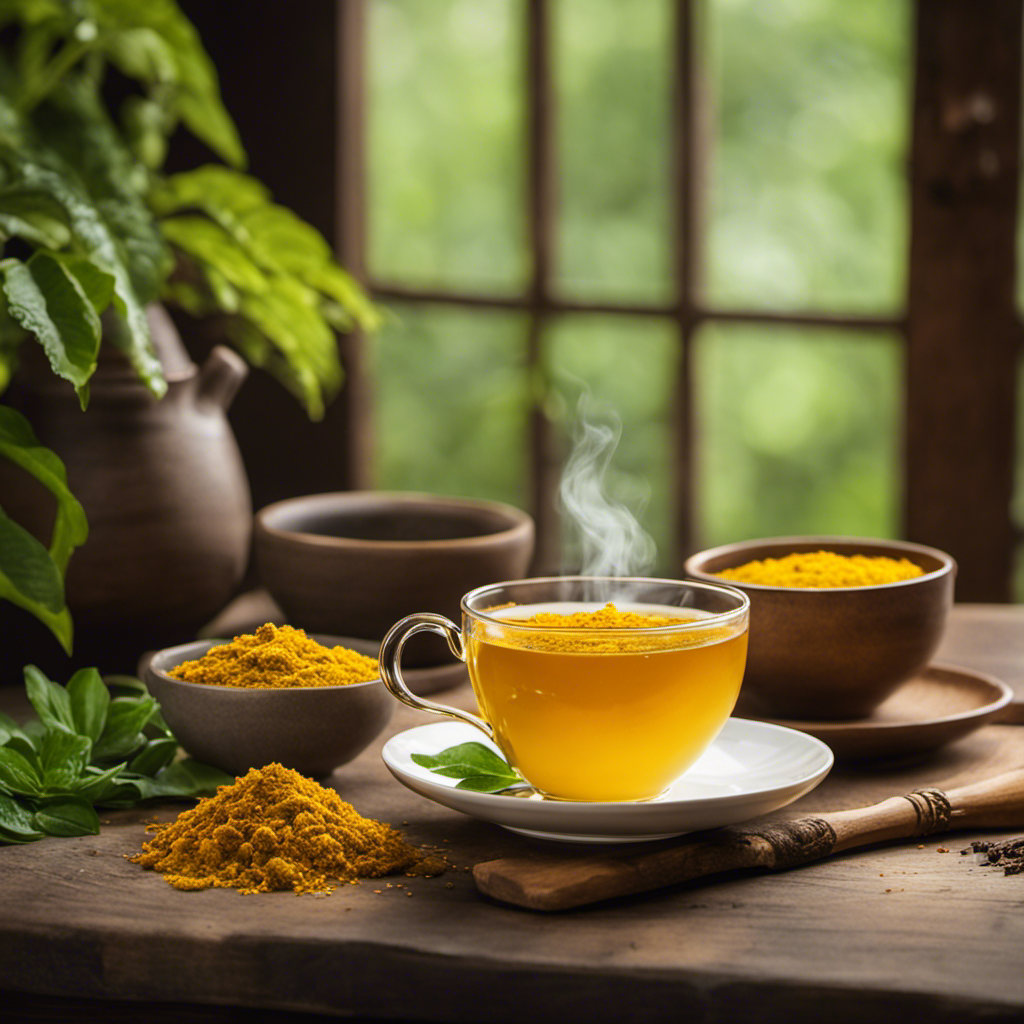 An image showcasing a serene, cozy setting with a steaming cup of vibrant yellow turmeric tea, surrounded by calming elements like lush green plants, soft natural light, and a tranquil background
