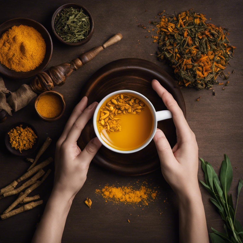 An image showing a person holding a warm cup of turmeric tea, steam gently rising from the mug