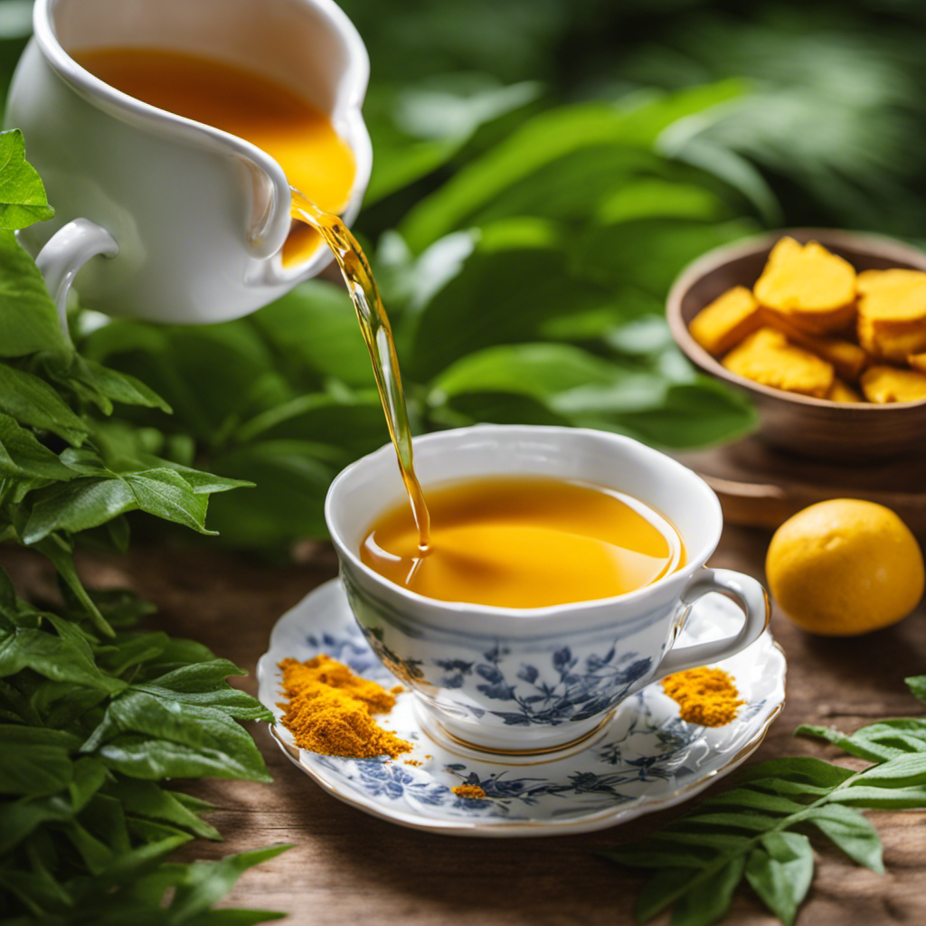 An image showcasing a cup of vibrant turmeric tea being poured into a delicate porcelain mug, surrounded by a backdrop of lush green leaves and a serene wooden table, evoking a sense of digestive wellness and natural remedies
