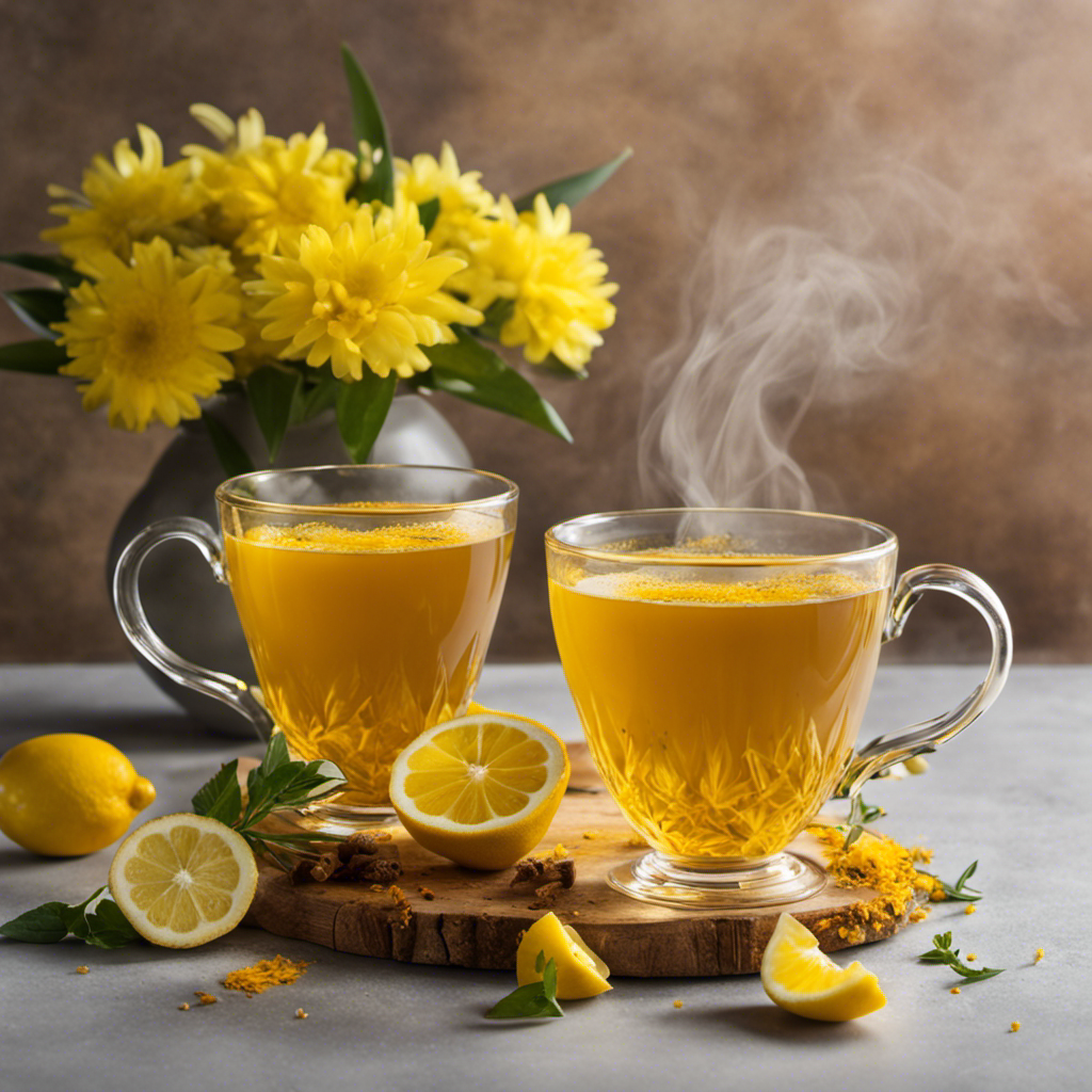 An image of a steamy mug filled with vibrant yellow turmeric tea, surrounded by freshly sliced lemons, ginger root, and a soothing backdrop of chamomile flowers