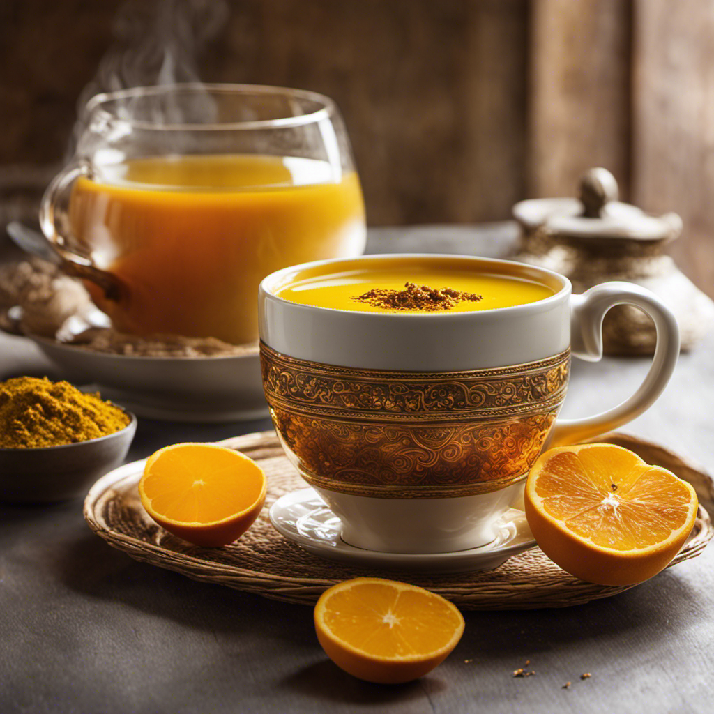 an inviting mug filled with aromatic, golden turmeric tea, swirling with warmth