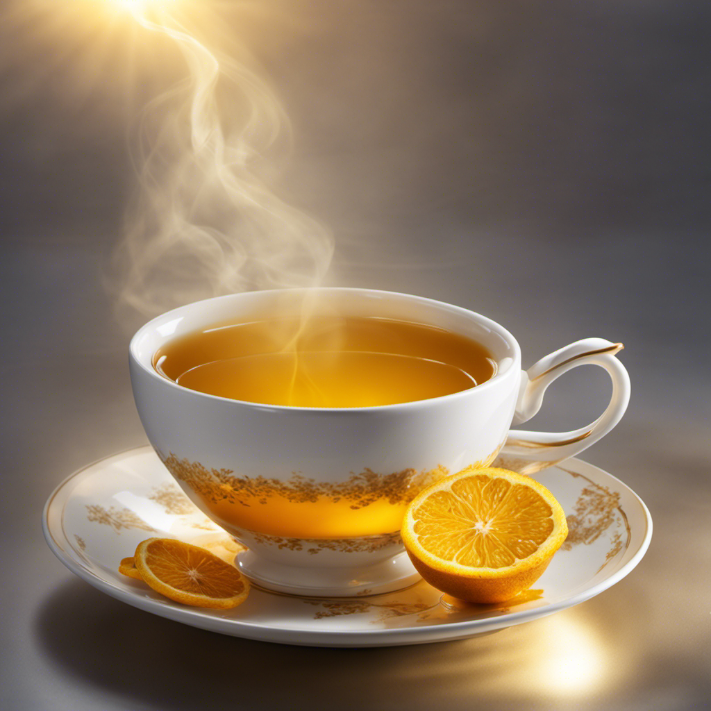 An image featuring a serene white teacup, filled with vibrant golden turmeric tea