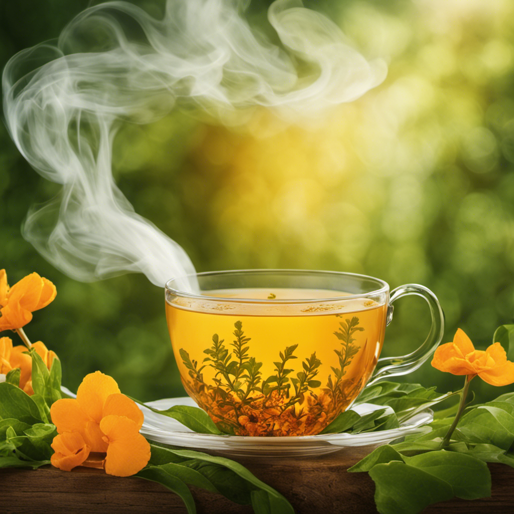 An image focusing on a steaming cup of turmeric tea with a whimsical, swirling vapor rising above it