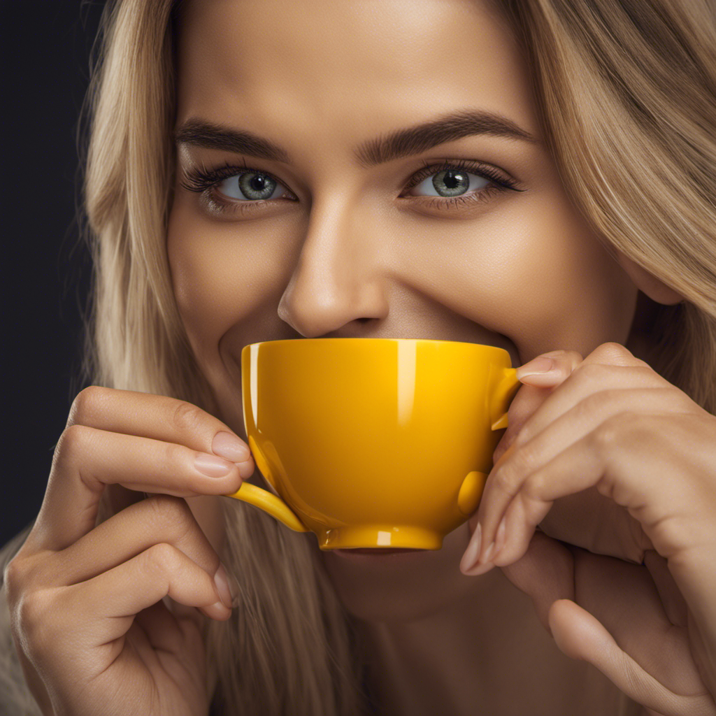 An image showcasing a close-up of a smiling person with brilliantly white teeth, sipping turmeric tea from a vibrant yellow cup