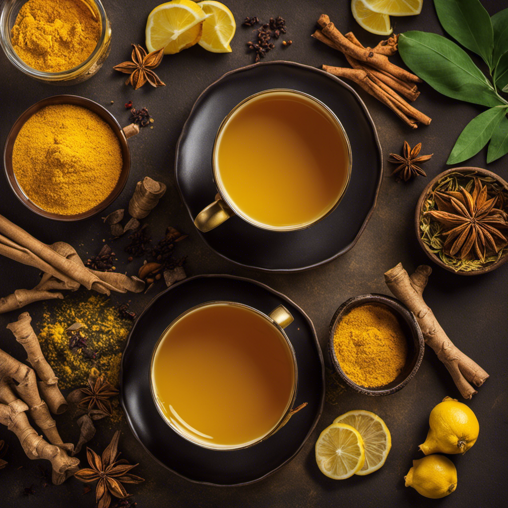the essence of turmeric tea's taste by depicting a steaming cup brimming with vibrant golden hues