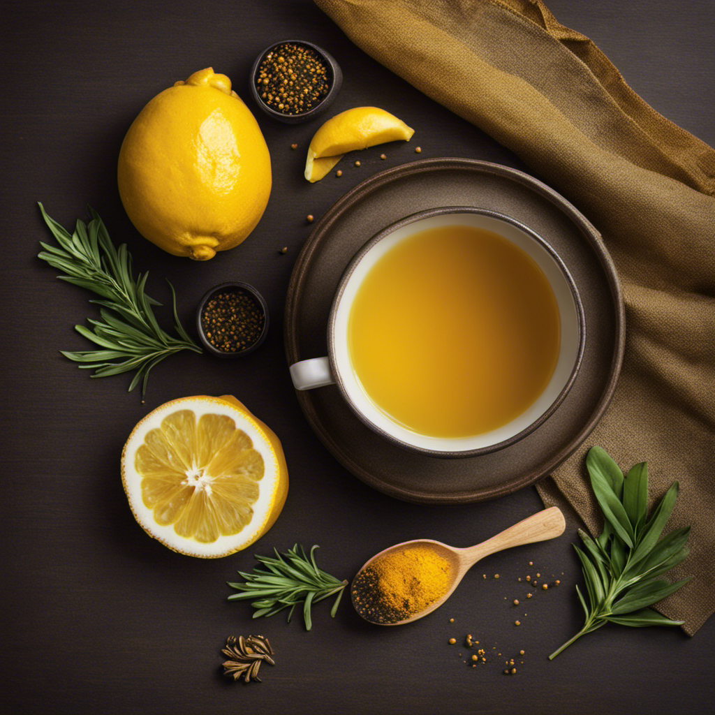 An image showcasing a steaming cup of golden turmeric tea, garnished with a slice of fresh lemon and a sprinkle of black pepper