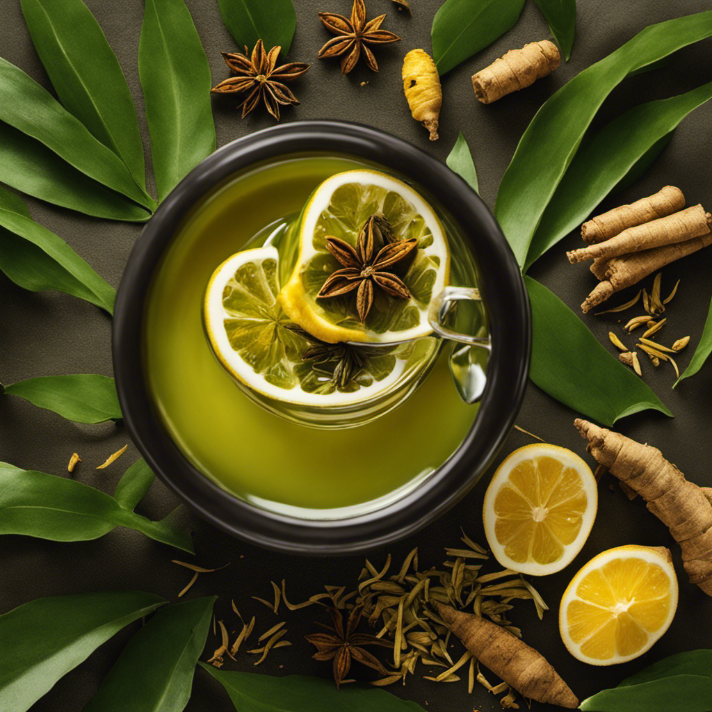 An image that showcases a vibrant cup of turmeric green tea, steaming with earthy hues