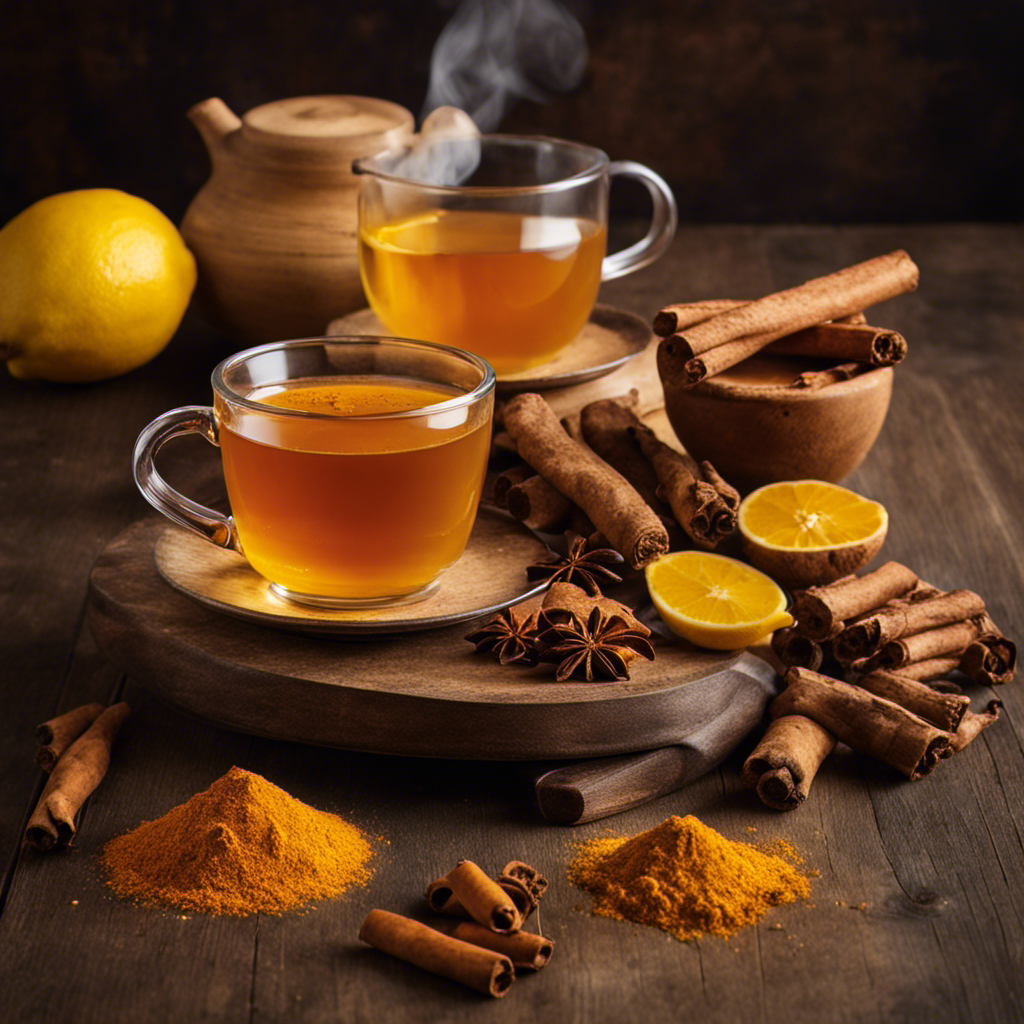 An image capturing the vibrant hues of freshly brewed turmeric tea, with a steaming cup placed on a wooden table alongside a scattering of whole turmeric roots, cinnamon sticks, and a lemon slice