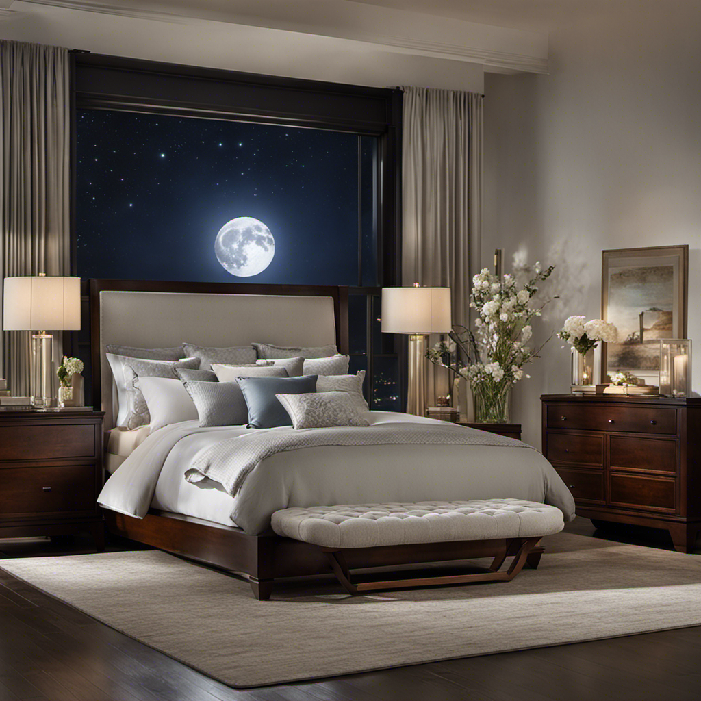 An image featuring a serene bedroom illuminated by soft moonlight, where a Dreamegg Sound Machine sits on a nightstand, casting a gentle glow, while its soothing sounds lull a peaceful sleeper into a state of blissful rest