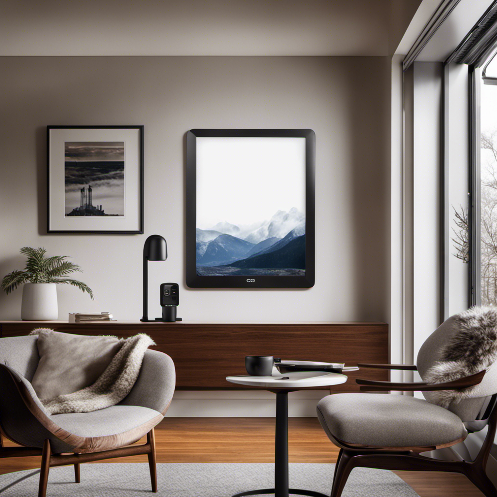 An image showcasing a sleek, compact Dreo space heater placed on a wooden desk next to a cozy armchair, emitting comforting warmth, with a backdrop of an inviting living room setting