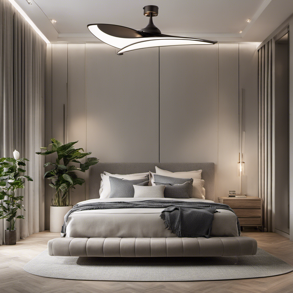 An image showcasing a sleek, modern Dreo Tower Fan placed in a serene bedroom setting