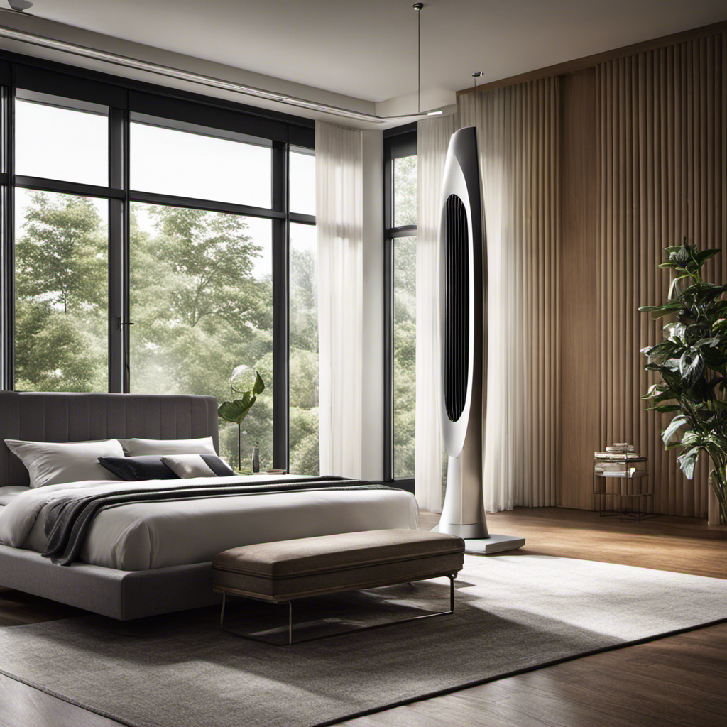 An image featuring a sleek Dreo Tower Fan, standing tall amidst a serene bedroom setting