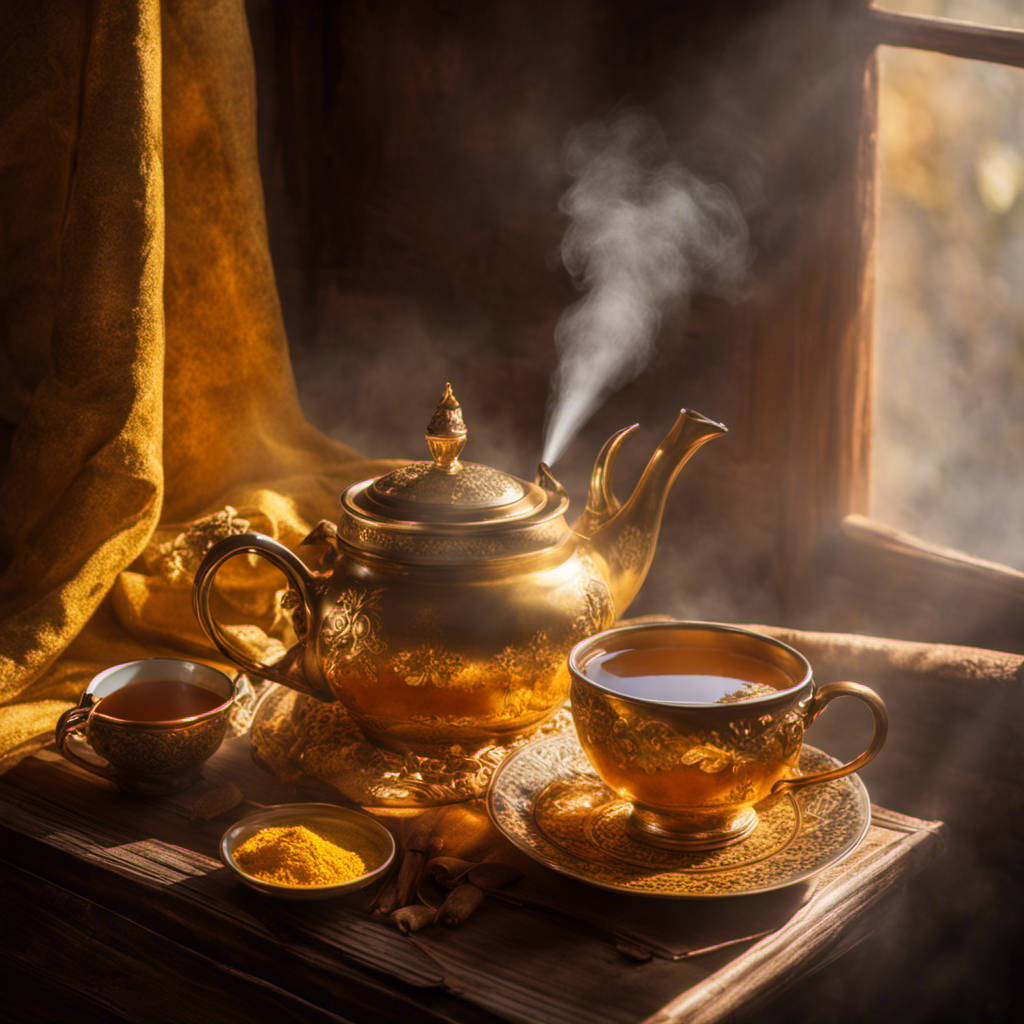 An image showcasing a steaming cup of golden-hued turmeric and ginger tea, adorned with delicate wisps of steam, as rays of sunlight filter through a nearby window, casting a warm glow on the scene